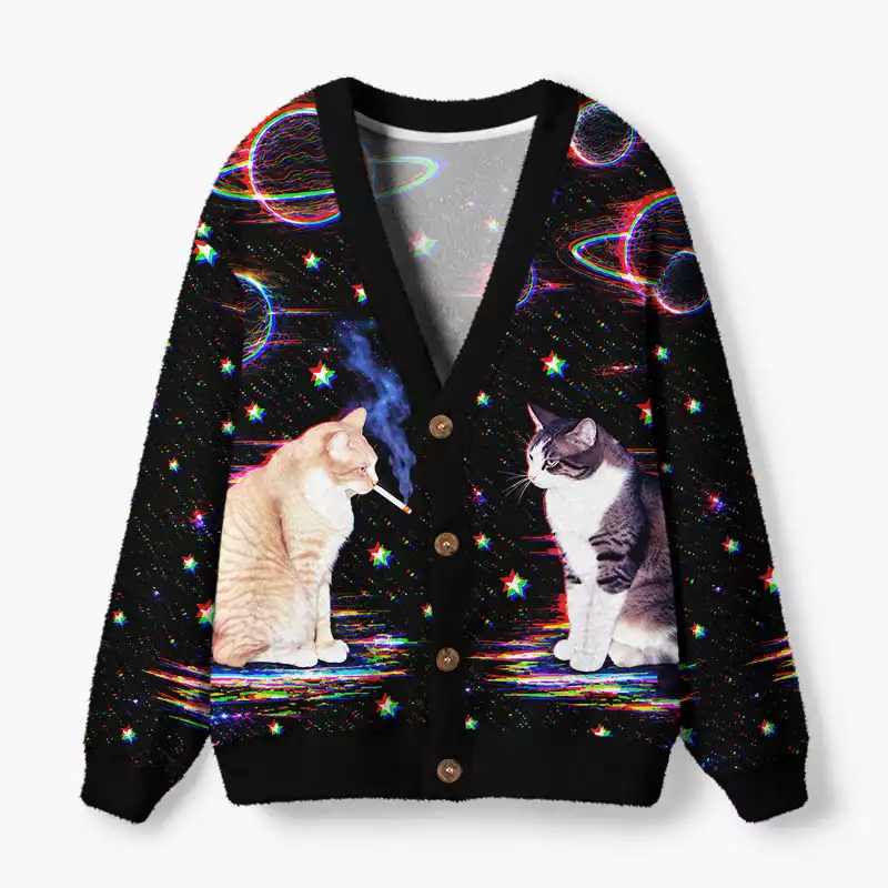 Soulisfree Cosmic glitch cats Fuzzy Cardigan Sweater