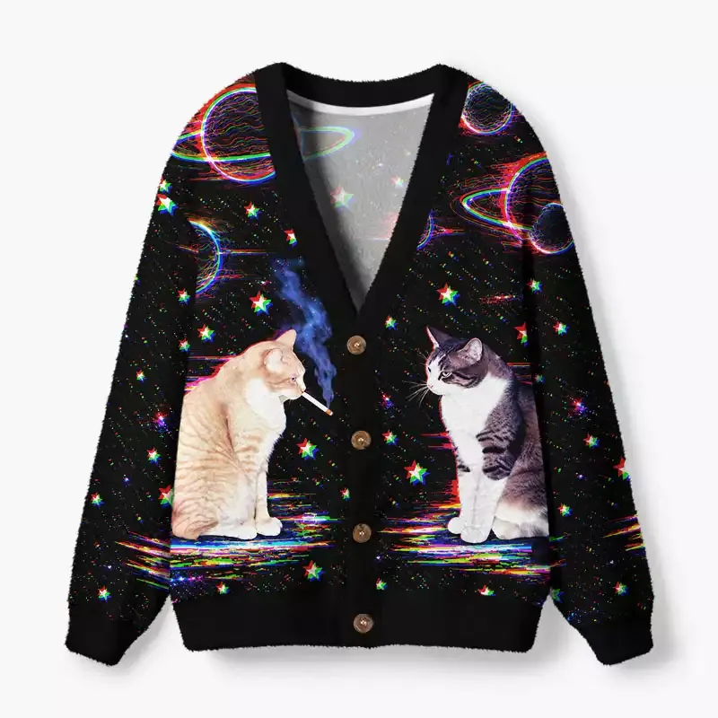 Soulisfree Cosmic glitch cats Fuzzy Cardigan Sweater