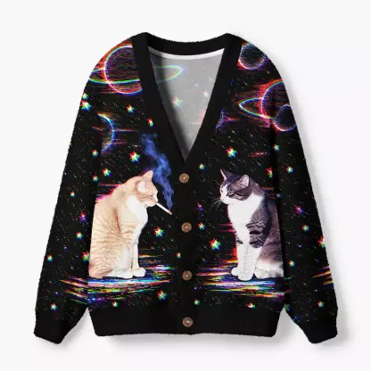 Soulisfree Cosmic glitch cats Fuzzy Cardigan Sweater