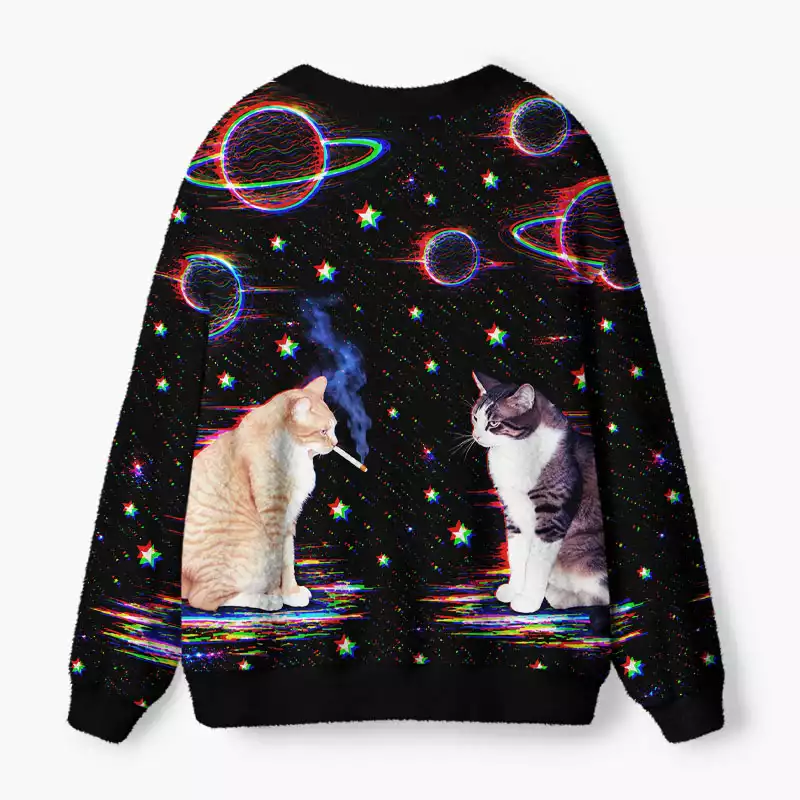 Soulisfree Cosmic glitch cats Fuzzy Cardigan Sweater