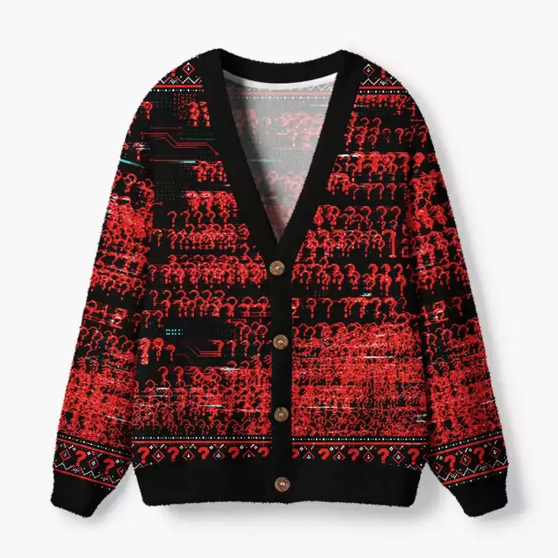 Soulisfree Crimson question mark Fuzzy Cardigan Sweater
