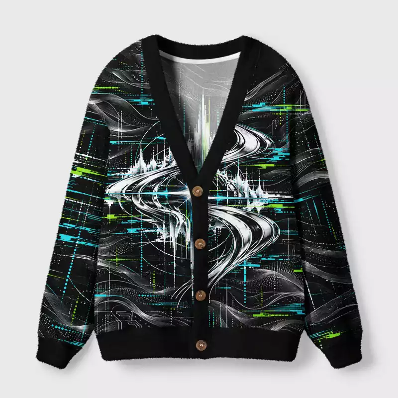 Soulisfree Cyber Glitch Waves Cardigan Fuzzy Cardigan Sweater