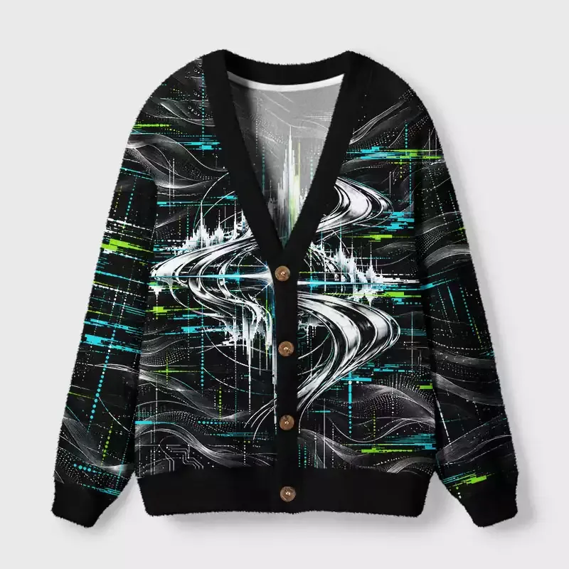 Soulisfree Cyber Glitch Waves Cardigan Fuzzy Cardigan Sweater