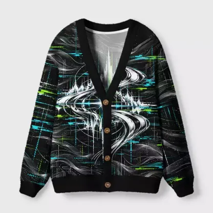 Soulisfree Cyber Glitch Waves Cardigan Fuzzy Cardigan Sweater