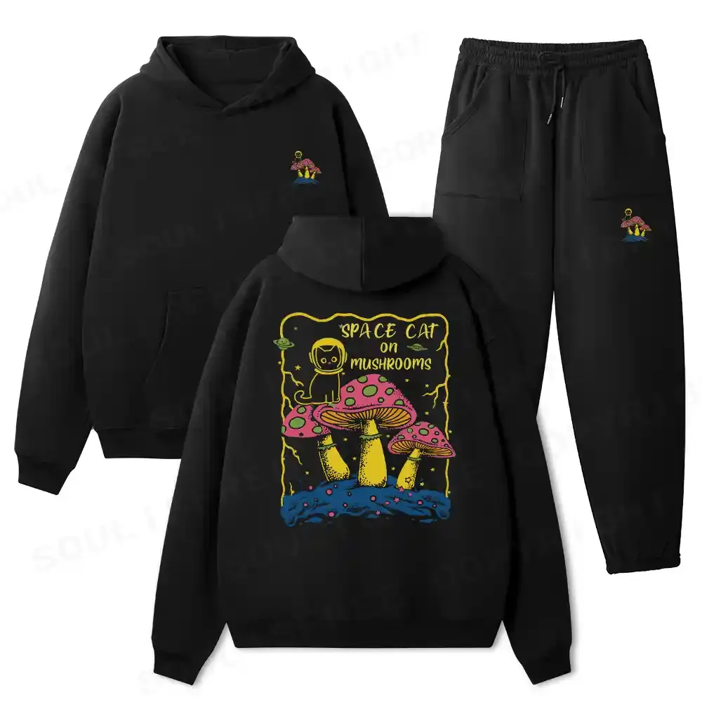 SPACE CAT ON MUSHROOMS Fleece Hoodie Set