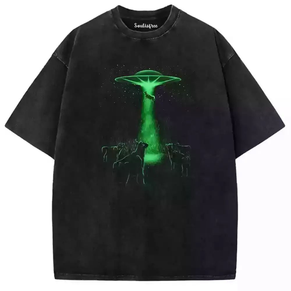 Designed Greenish Fluorescent UFO Washed T-shirt