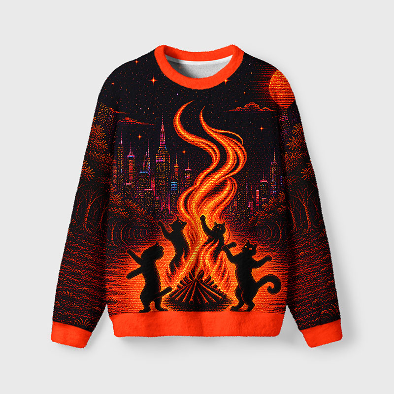 Soulisfree Dancing Cats Under the Ember Moon Fuzzy Crewneck Sweater