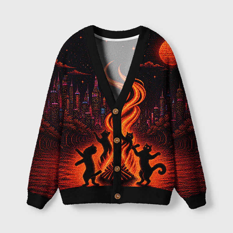 Soulisfree Dancing Cats Under the Ember Moon Fuzzy Cardigan Sweater 