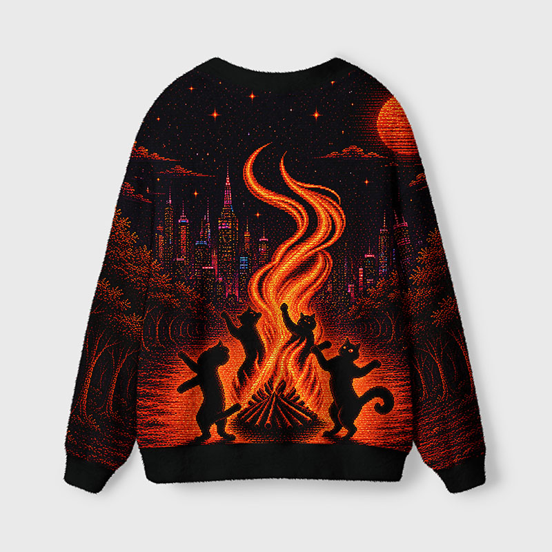 Soulisfree Dancing Cats Under the Ember Moon Fuzzy Cardigan Sweater 