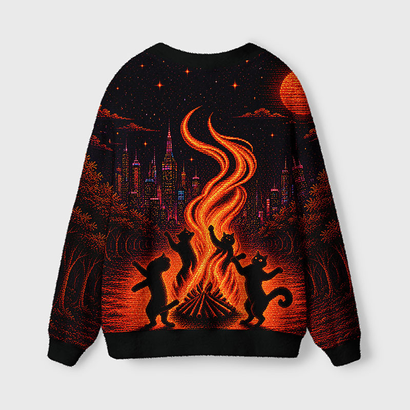 Soulisfree Dancing Cats Under the Ember Moon Fuzzy Cardigan Sweater 
