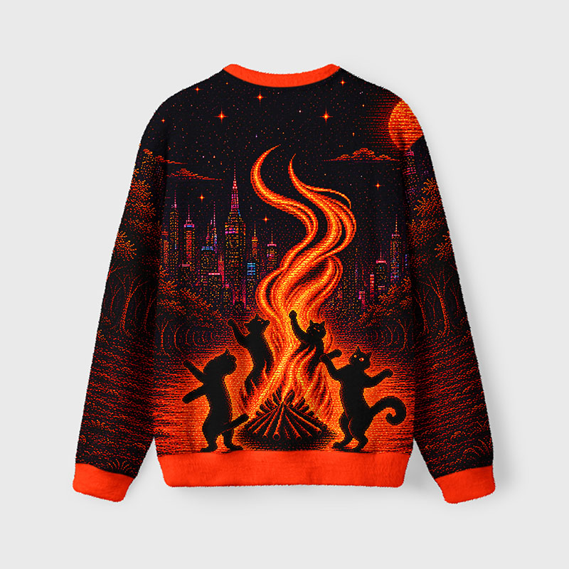 Soulisfree Dancing Cats Under the Ember Moon Fuzzy Crewneck Sweater