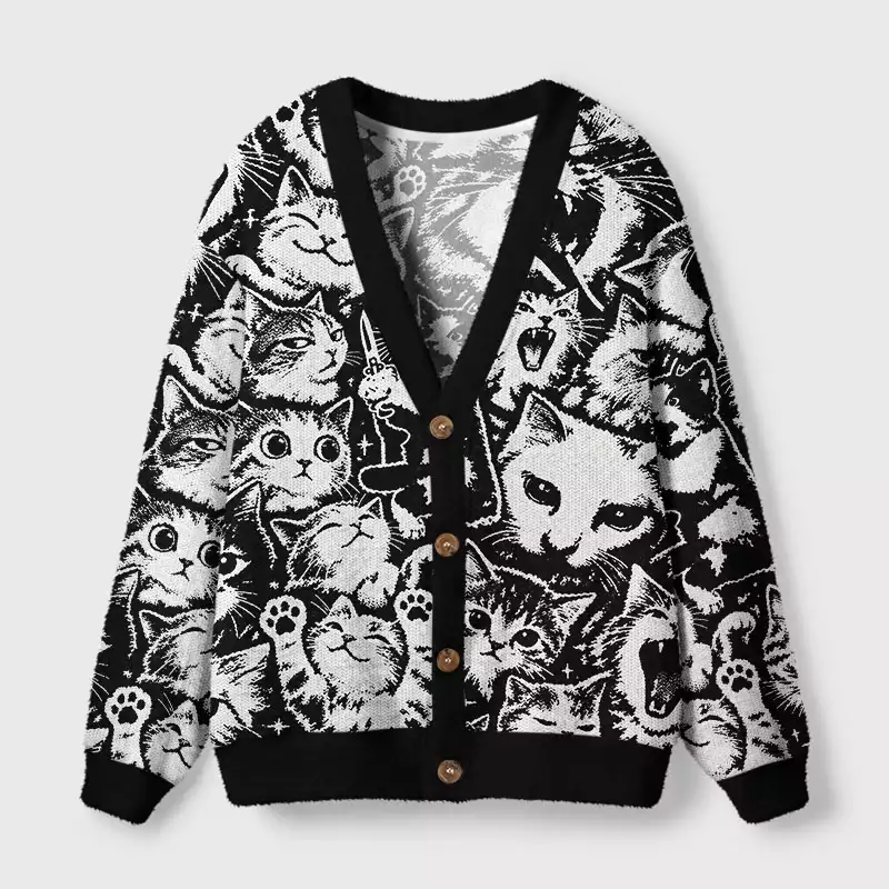 Soulisfree Distressed meme cat cardigan Fuzzy Cardigan Sweater
