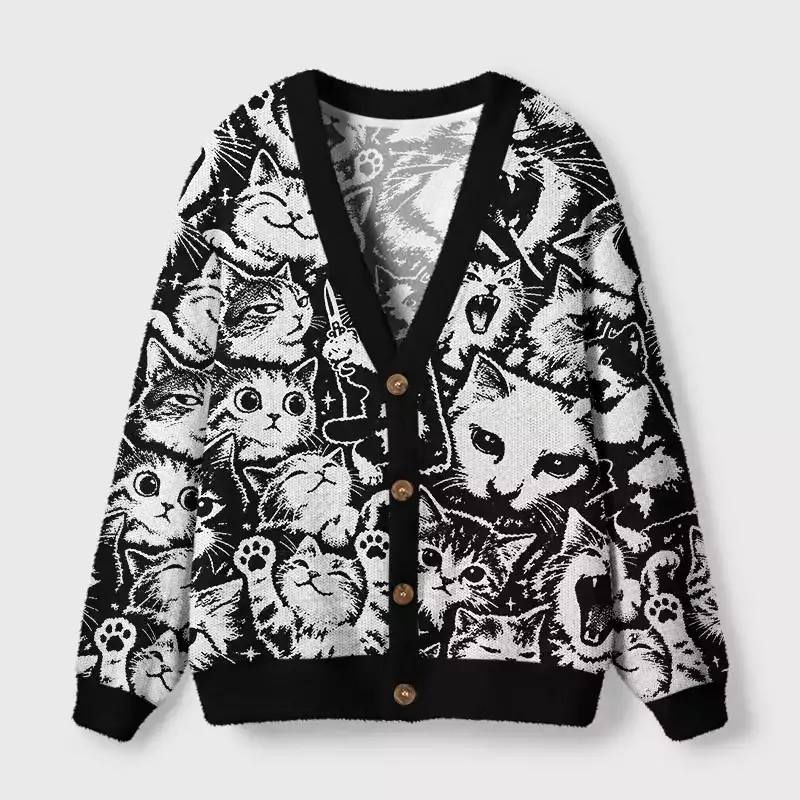 Soulisfree Distressed meme cat cardigan Fuzzy Cardigan Sweater
