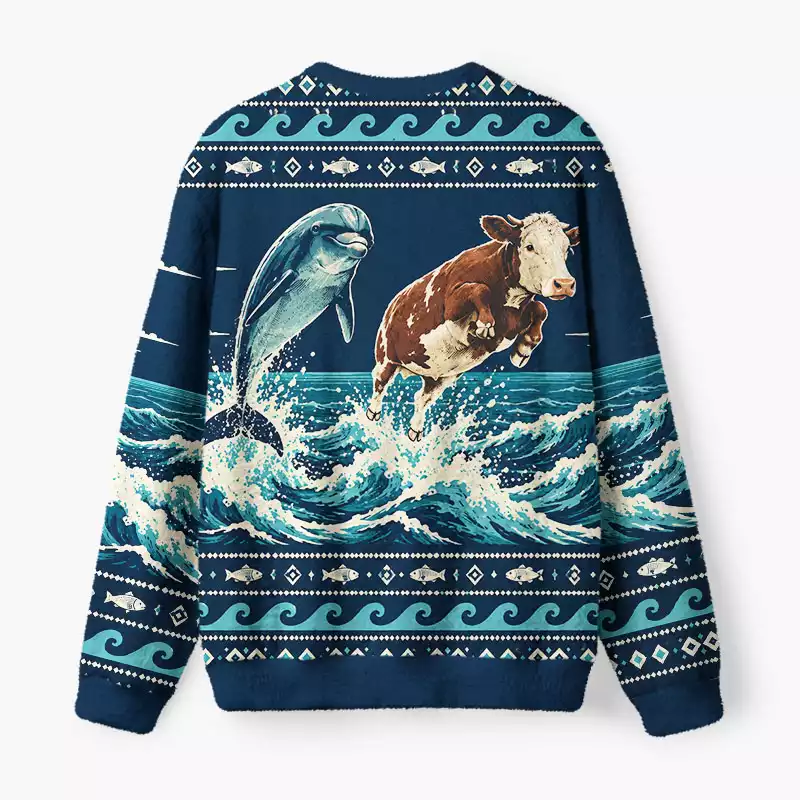 Soulisfree Dolphin and Cow Wave Fuzzy Crewneck Sweater
