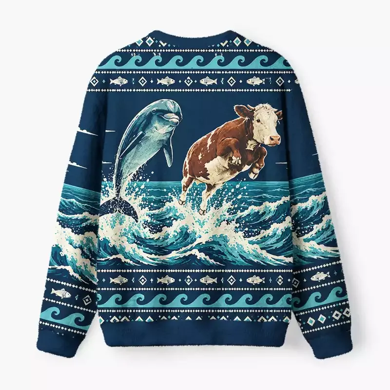 Soulisfree Dolphin and Cow Wave Fuzzy Crewneck Sweater