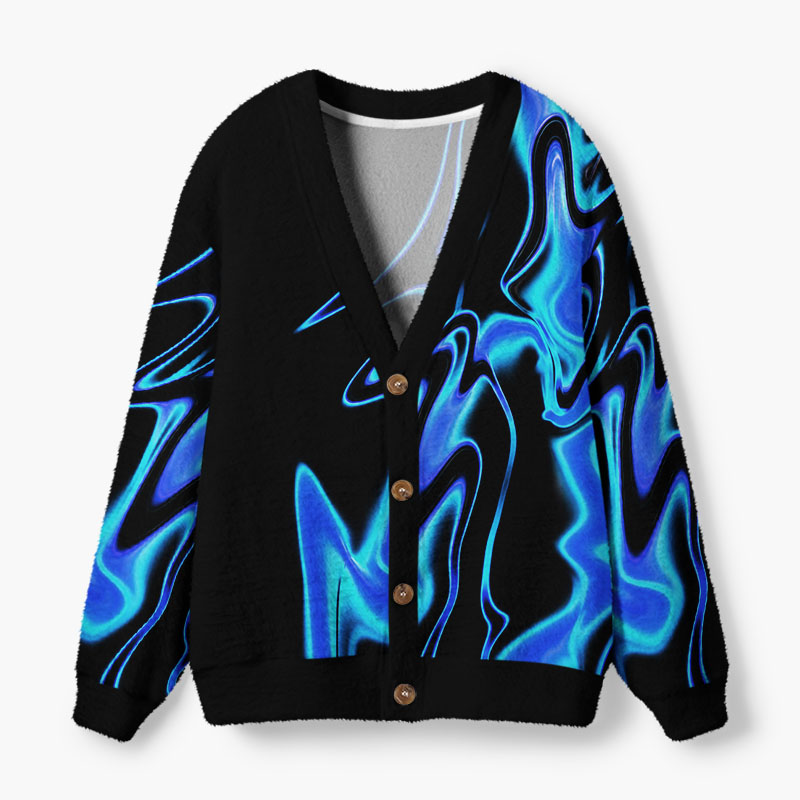Soulisfree  Electric Blue Liquid Fuzzy Cardigan Sweater