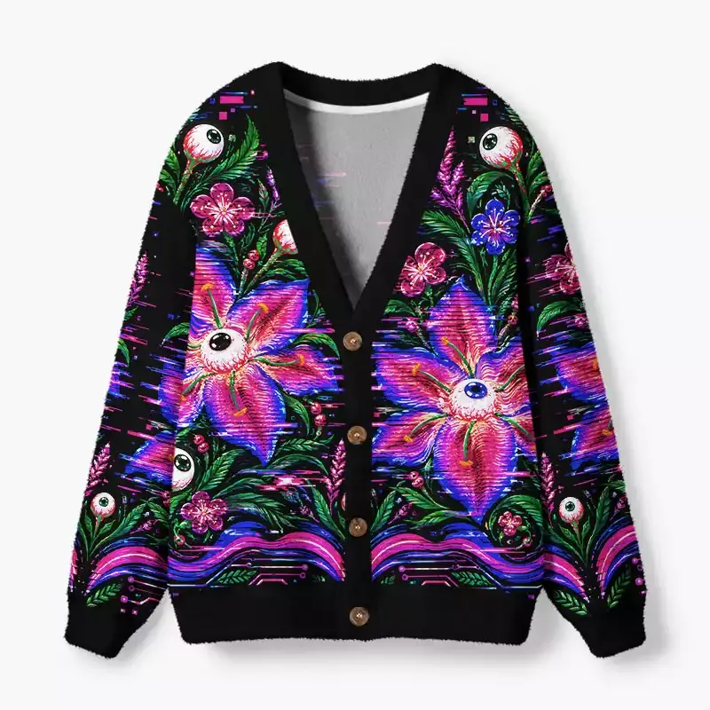 Soulisfree Floral Eyeball Fuzzy Cardigan Sweater