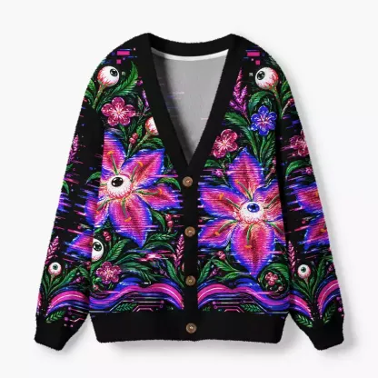Soulisfree Floral Eyeball Fuzzy Cardigan Sweater