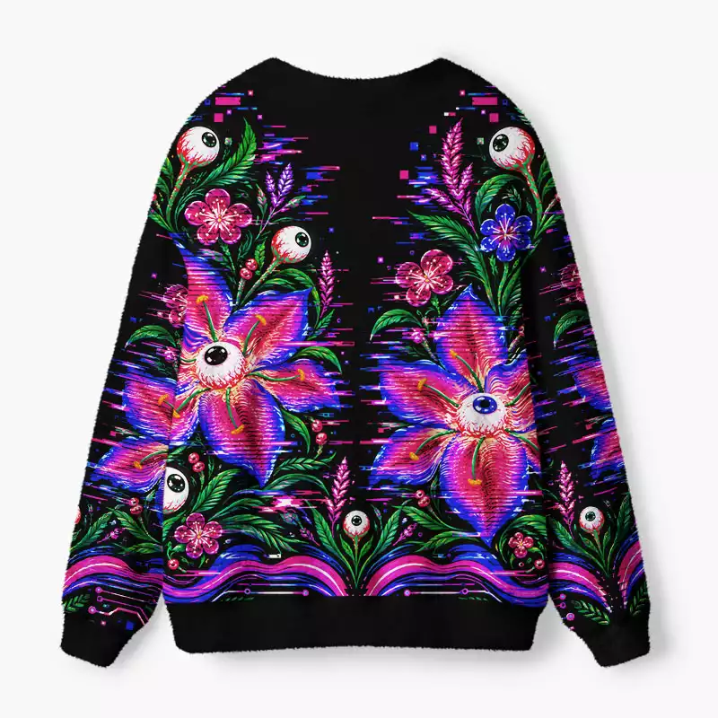 Soulisfree Floral Eyeball Fuzzy Cardigan Sweater