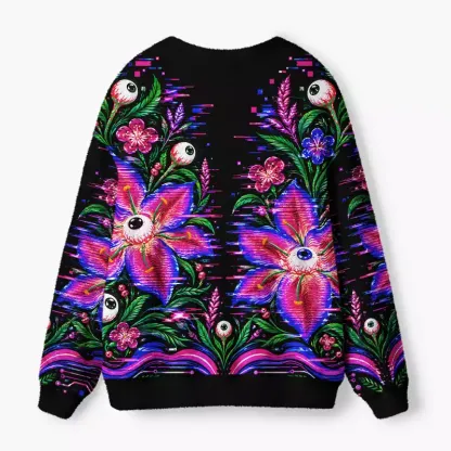Soulisfree Floral Eyeball Fuzzy Cardigan Sweater