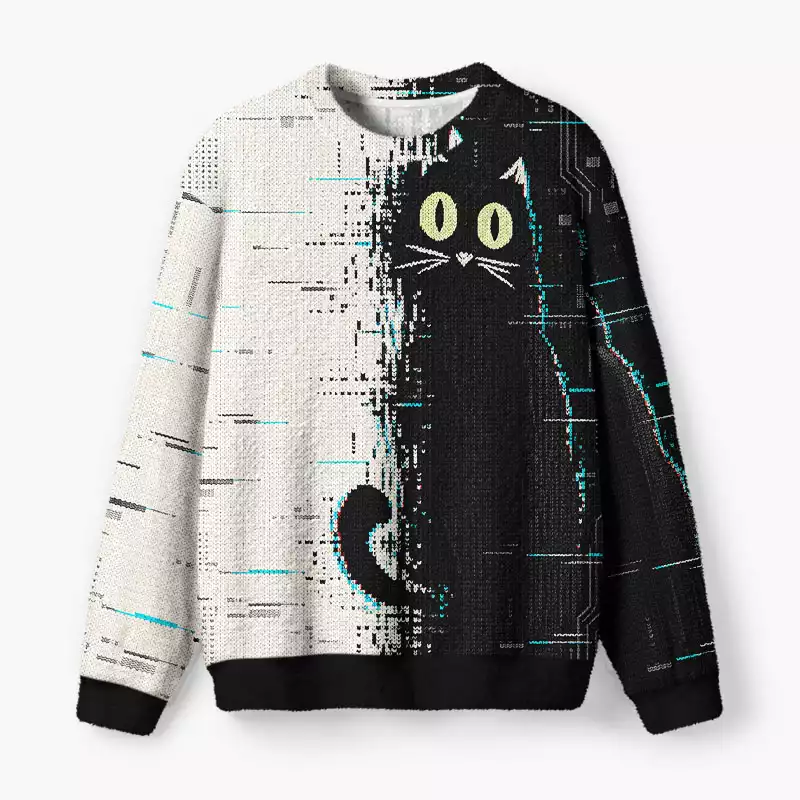 Soulisfree Funny Cat Fuzzy Crewneck Sweater