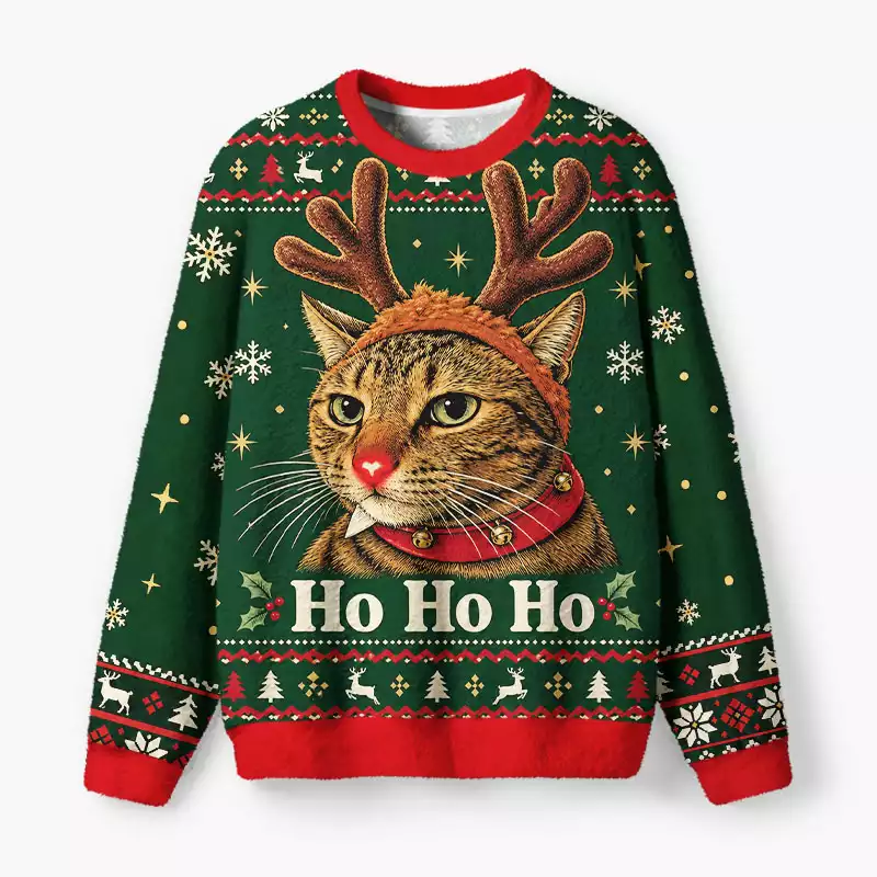 Soulisfree Funny Cat Ho Ho Ho Fuzzy Crewneck Sweater