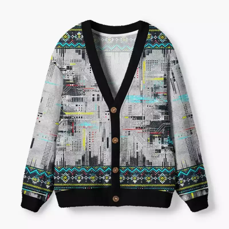 Soulisfree Glitched Circuit Techwear Weave Fuzzy Cardigan Sweater