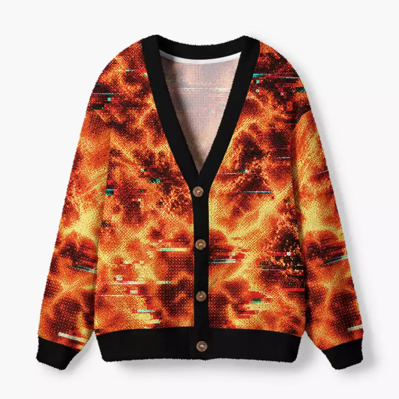 Soulisfree Glitched Monster in Flames Fuzzy Cardigan Sweater