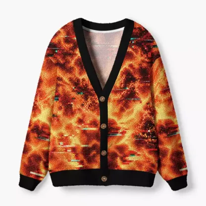 Soulisfree Glitched Monster in Flames Fuzzy Cardigan Sweater