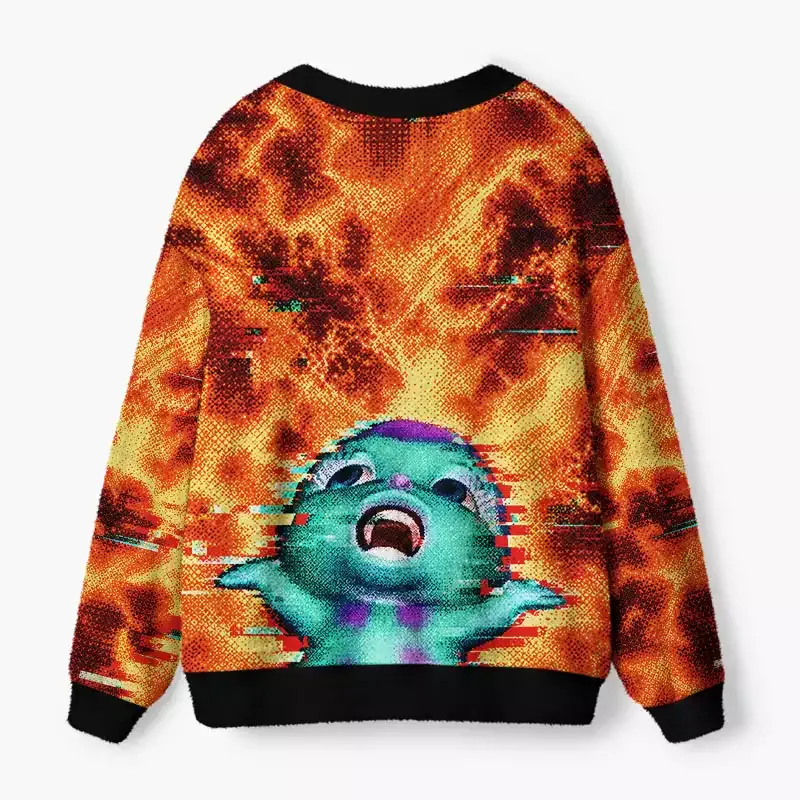 Soulisfree Glitched Monster in Flames Fuzzy Cardigan Sweater