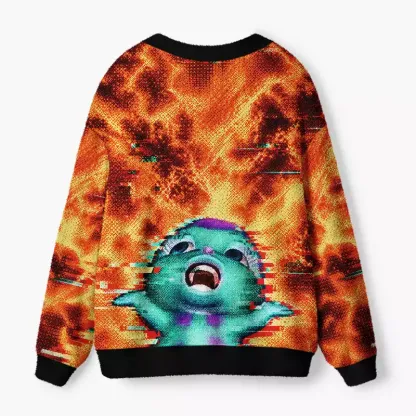 Soulisfree Glitched Monster in Flames Fuzzy Cardigan Sweater