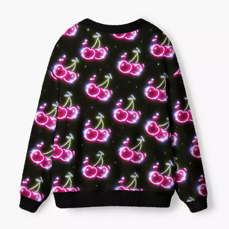 Soulisfree Glowing neon cherry Fuzzy Cardigan Sweater
