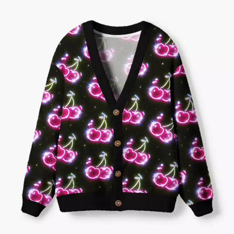 Soulisfree Glowing neon cherry Fuzzy Cardigan Sweater