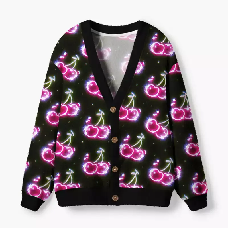Soulisfree Glowing neon cherry Fuzzy Cardigan Sweater