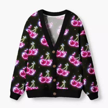 Soulisfree Glowing neon cherry Fuzzy Cardigan Sweater