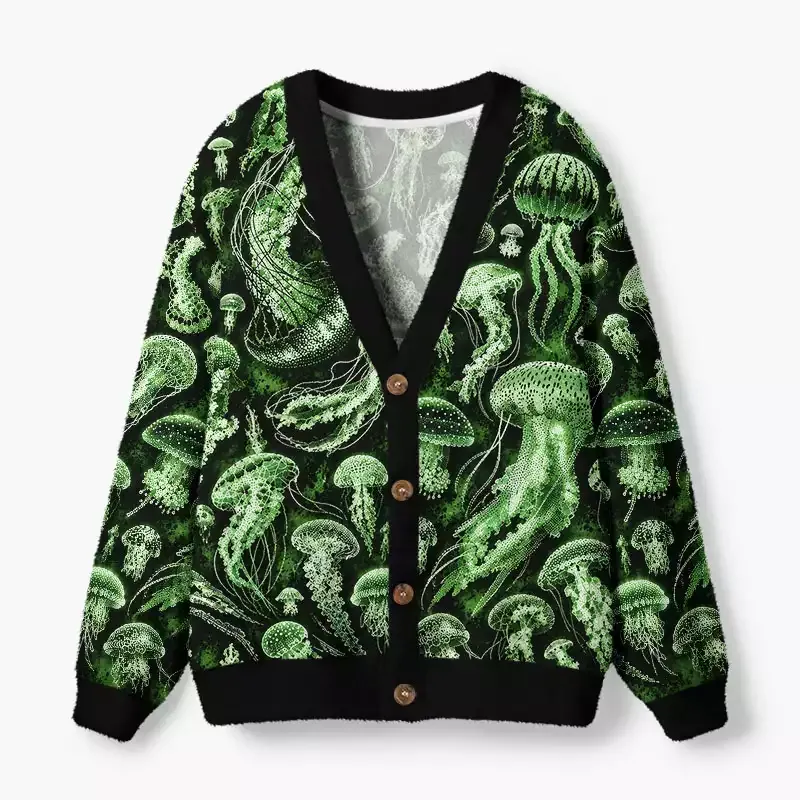 Soulisfree Green Jellyfish Fuzzy Cardigan Sweater