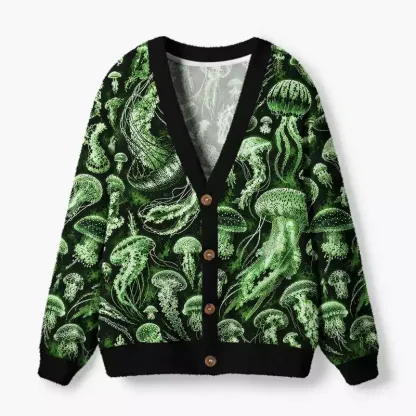 Soulisfree Green Jellyfish Fuzzy Cardigan Sweater