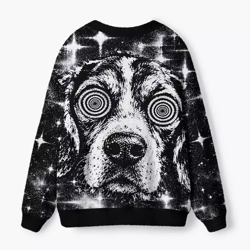 Soulisfree Hypnotic Spiral Eyed Dog Fuzzy Cardigan Sweater