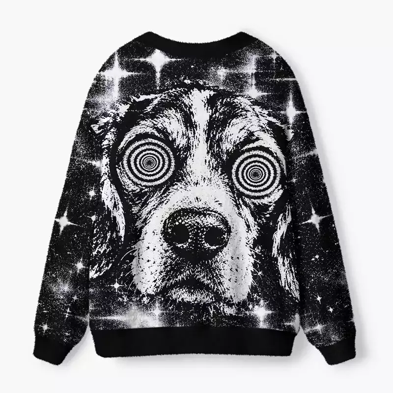 Soulisfree Hypnotic Spiral Eyed Dog Fuzzy Cardigan Sweater