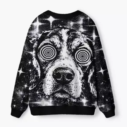 Soulisfree Hypnotic Spiral Eyed Dog Fuzzy Cardigan Sweater