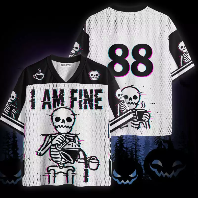 Soulisfree I Am Fine Glitch Skeleton Coffee Mesh Jersey