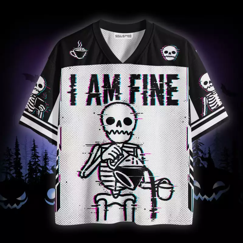 Soulisfree I Am Fine Glitch Skeleton Coffee Mesh Jersey
