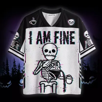 Soulisfree I Am Fine Glitch Skeleton Coffee Mesh Jersey