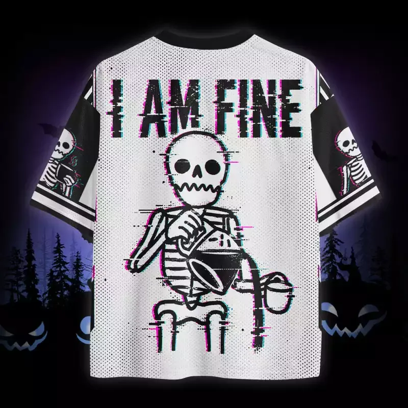 Soulisfree I Am Fine Glitch Skeleton Coffee Mesh Jersey