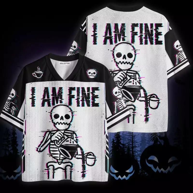 Soulisfree I Am Fine Glitch Skeleton Coffee Mesh Jersey
