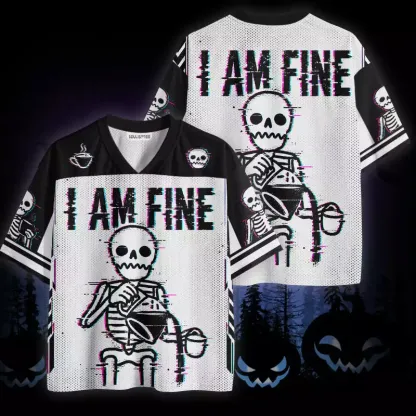 Soulisfree I Am Fine Glitch Skeleton Coffee Mesh Jersey