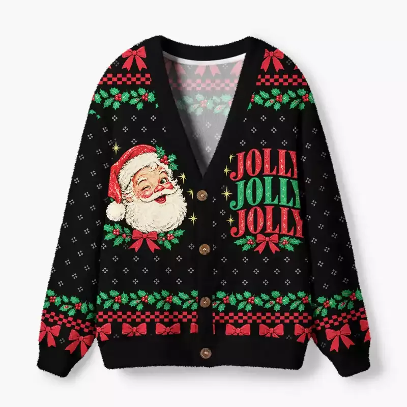 Soulisfree Jolly Jolly Jolly Christmas Fuzzy Cardigan Sweater