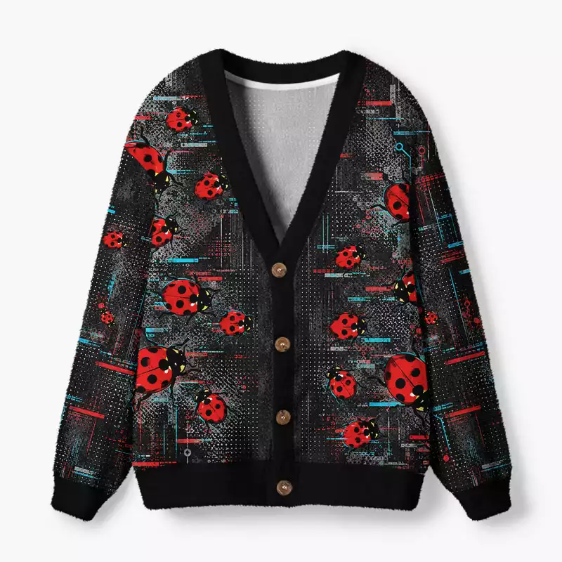 Soulisfree Ladybug Circuit Fuzzy Cardigan Sweater
