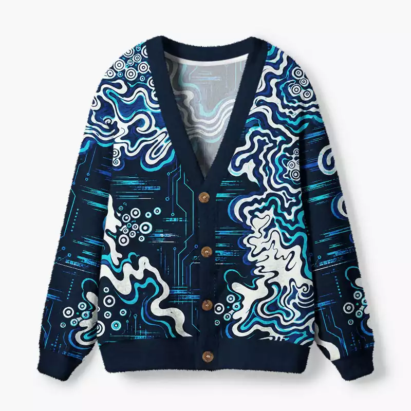 Soulisfree Midnight Cyan Contour Circuit Fuzzy Cardigan Sweater