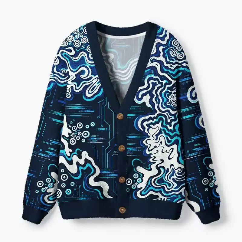 Soulisfree Midnight Cyan Contour Circuit Fuzzy Cardigan Sweater